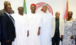 L-R: Director-General, National Agency for the Control of Aids (NACA), Prof. John Idoko; Senate Leader, Sen. Ali Ndume; Deputy Senate President, Sen. Ike Ekweremmadu; Senate President Bukola Saraki; former President of Botswana, Dr Festus Mogae and former Vice President of Uganda, Dr Speciosa Wandira, during the Advocacy visit of members of Champions of Aids Free Generation in Africa to the Senate President at the National Assembly in Abuja.