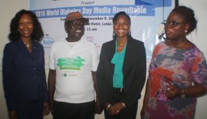 L-R Dr. Afoke Isiavwe, Medical Director Rainbow Specialist Hospital, Alhaji Hammed Afinowi, Chairman Diabetes Association of Nigeria Lagos Chapter, Folasade Olufemi-Ajayi, Accu-chek Strategic Account mgr and Adenike Dosunmu, Diabetes Care Educator both of Roche Products Limited Diabetes Care at the Media Roundtable