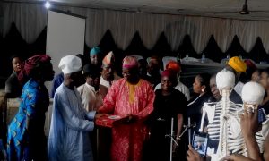 L-R: Facilitator, Jane Coker; Perm Secretary, Ogun State Ministry of Education, Science and Technology, Alh. Rasheed; Chairman, Oil and Gas Nigeria Limited, Chief Reggie Uduhiri and the Principal Iganmode Grammar School, Mr. Akinosi Olalekan with other dignatries at the the presentation ceremony Thursday.